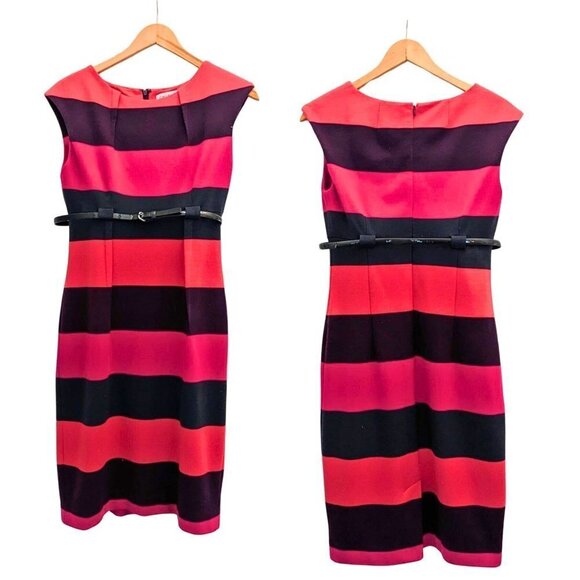 CALVIN KLEIN Colorblock Sheath Dress Orange & Purple w/ Belt Midi Size 4 - Picture 1 of 8